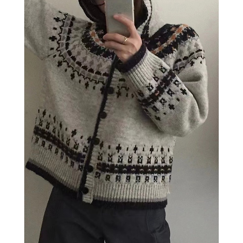 Women's Sweater Cardigan Fair Isle Sweater Vintage Fashion Casual Geometric Ribbed Hooded Buttons Knitted Print Long Sleeve Regular Tops Knit Christmas Outdoor Daily Gray Fall Winter3