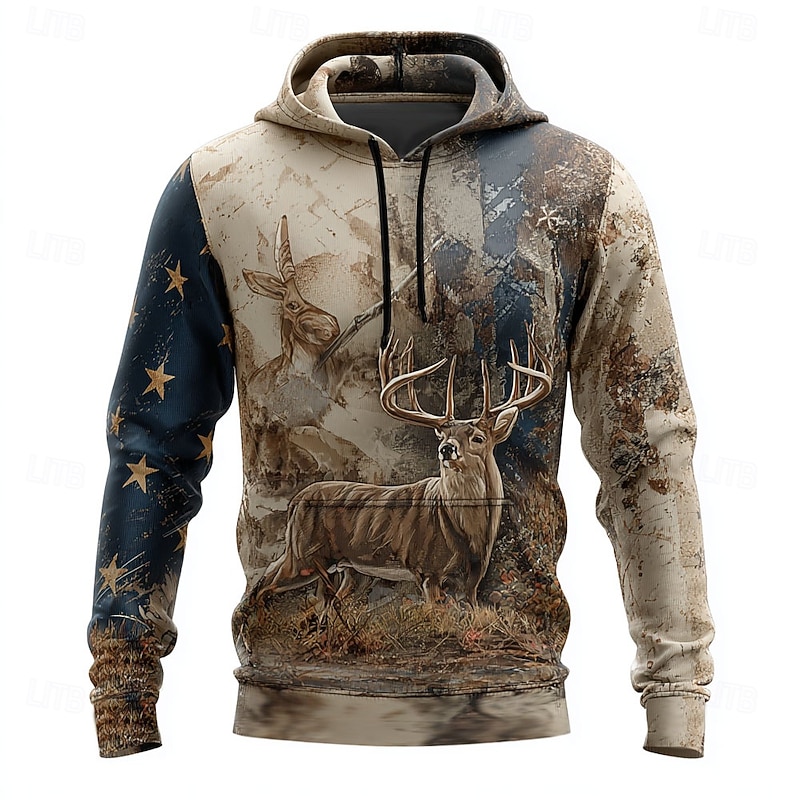 Men's Deer Hoodie Sweatshirt Fashion Classic Crew Neck Outdoor Hunting White Brown Drawstring Fall Winter Designer