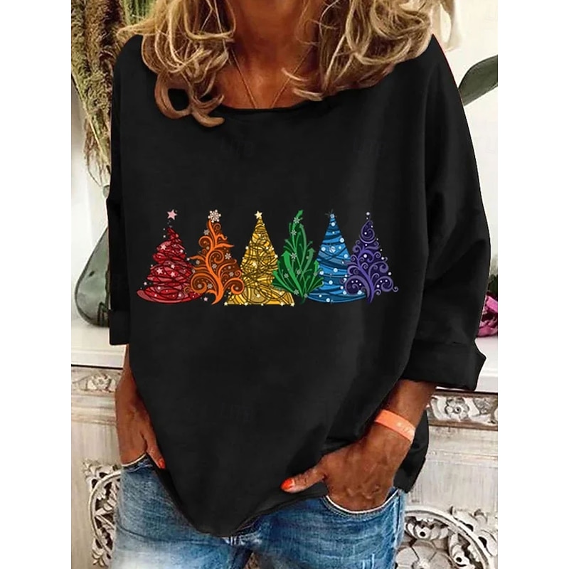 Christmas Women's T Shirt Graphic Christmas Tree Bohemia Vintage Fashion Long Sleeve Crew Neck Regular Tops Daily Weekend Print Black Pink Red Blue Green Spring Fall4