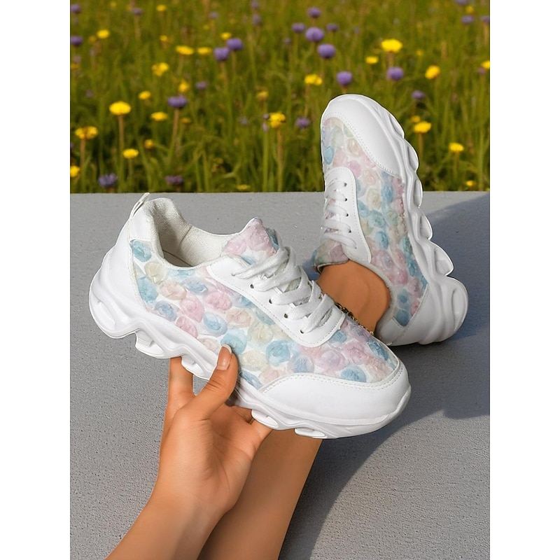 Women's White Sneakers with Colorful Floral Pattern – Lightweight Casual Fashion Shoes for Walking, Travel and Streetwear