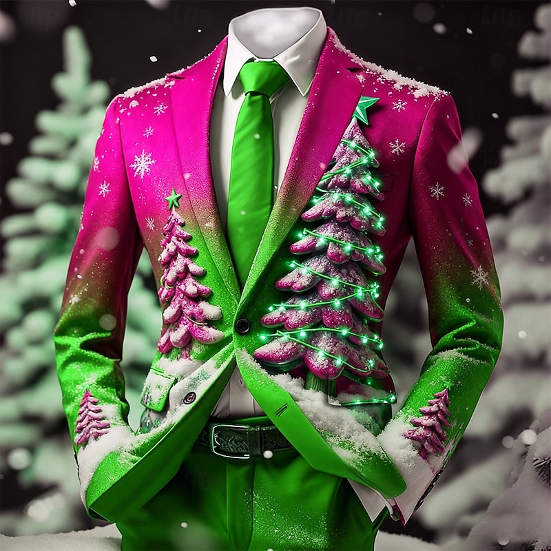 Men's Blazer Coat Christmas Casual Casual Daily Fall / Winter 100% Polyester Christmas Tree 3D Print Buttons Thermal Warm Comfortable Single Breasted Blazer Red Ocean Blue Blue Green4
