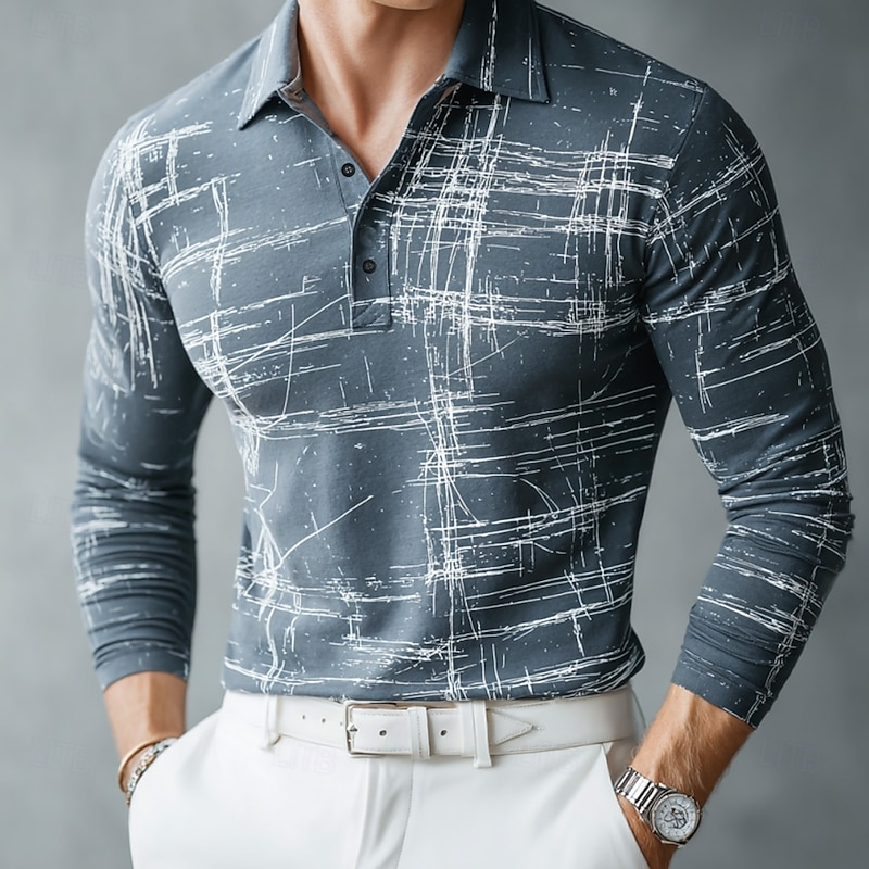 Men's Geometic Line Polo Long Sleeve Polo Shirts Lapel Business Casual Outdoor Athleisure Daily Wear 3D Print Buttons Spring Fall Winter Blue 1 Blue 2# Blue3