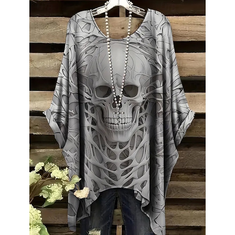 Halloween Women's Blouse Graphic Skull Vintage Daily Casual Half Sleeve Batwing Sleeve Crew Neck Long Tops Daily Holiday Black White Pink Red Purple Spring Fall