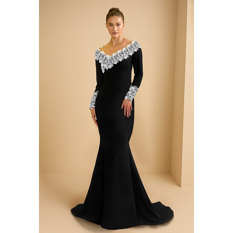 Black and White Mermaid / Trumpet Evening Gown Elegant Formal Dress Formal Wedding Sweep / Brush Train Long Sleeve Stretch Crepe with Floral Embroidered Lace Applique 2025