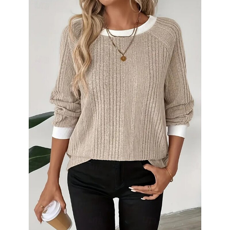 Women's Blouse Solid Color Stylish Casual Long Sleeve Crew Neck Regular Tops Daily Patchwork Apricot Spring Fall Winter2