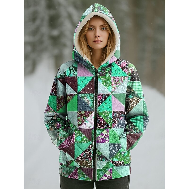 Women's Winter Coat Warm Zipper Pocket Print Fashion Casual Floral Street Casual Short Hooded Regular Fit Long Sleeve Outerwear Blue Purple Orange Spring Fall3