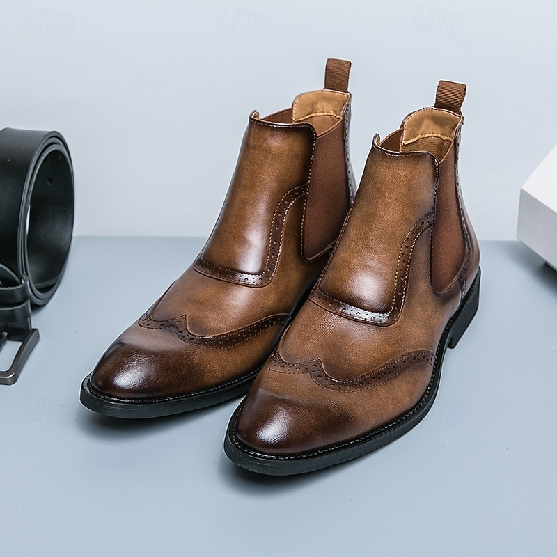 Men's Brown Faux Leather Chelsea Boots – Classic Slip-On Ankle Dress Shoes with Brogue Detailing for Business, Office and Formal Occasions2