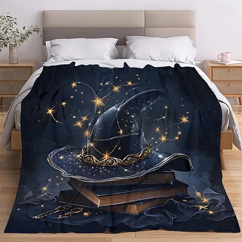 Halloween Fleece Throw Blanket for Couch Galaxy Magic Hat 3D Fantasy Mystic Sofa Bed Decorative Warm Blanket Home Decor2