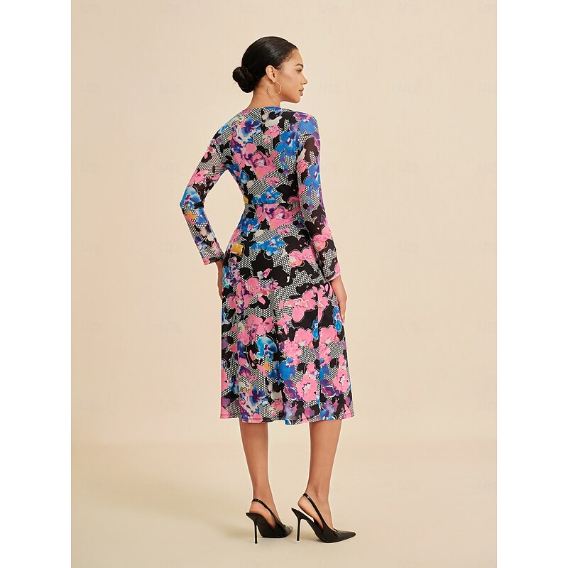 Women's Female Sheath Dress Print Dress Midi Dress Rainbow Long Sleeve Summer Spring V Neck Modern S M L4