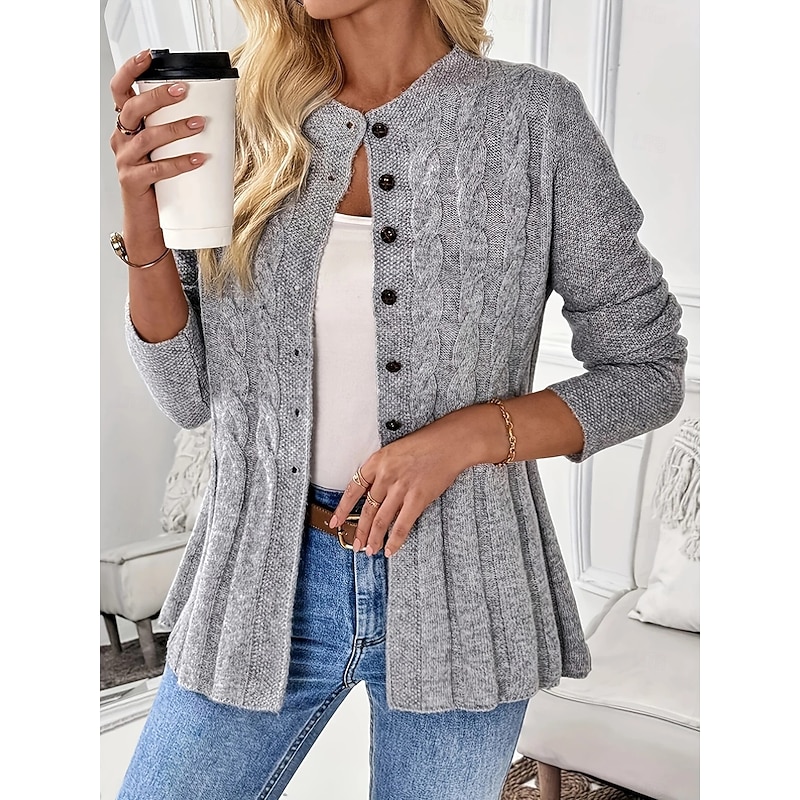 Women's Sweater Cardigan Elegant Fashion Streetwear Pure Color Crew Neck Pocket Knitted Long Sleeve Regular Tops Knit Outdoor Daily Weekend Gray Fall Winter4