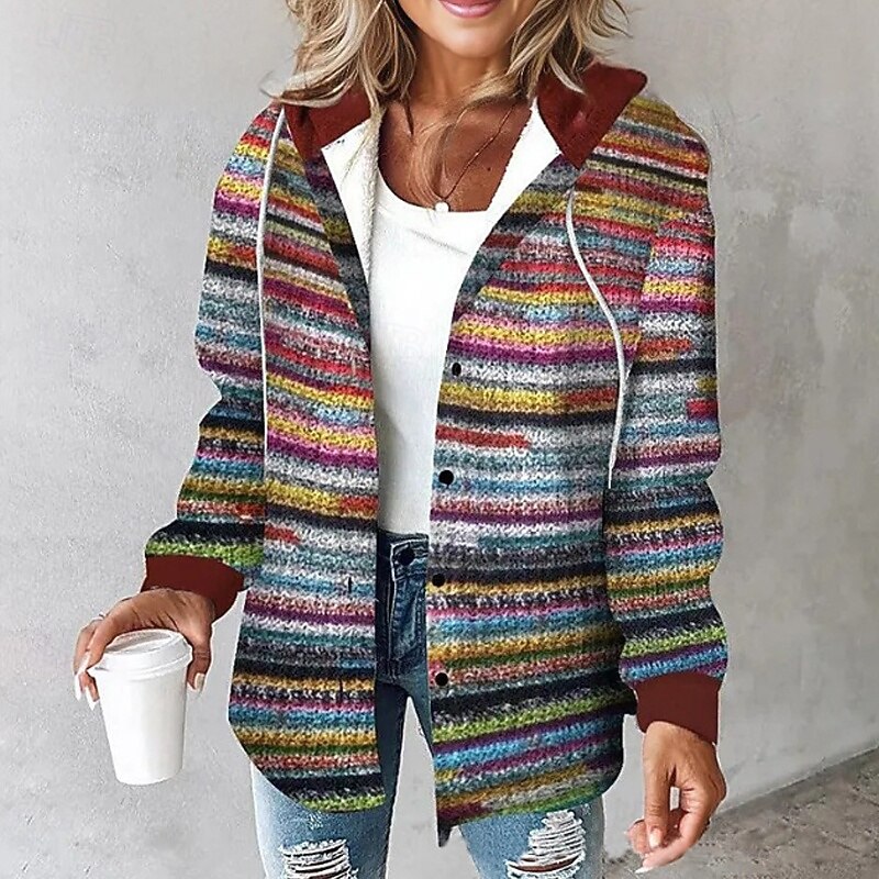 Women's Hoodie Jacket Warm Comfortable Buttons Casual Stripe Vacation Going out Weekend Regular Hooded Regular Fit Long Sleeve Outerwear Red Blue Drak Red Fall Winter