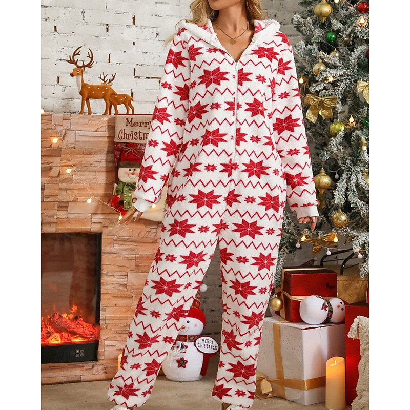 Women's Normal Jumpsuit Streetwear Floral Long Sleeve Hooded Zipper Print Christmas Vacation Regular Fit Red Fall