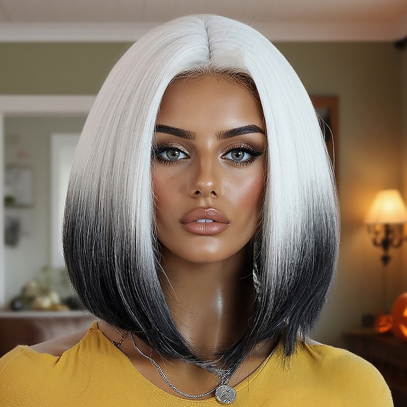 Synthetic Lace Wig Straight Style 12 inch White Middle Part U Part Wig Women's Wig White and Blue2