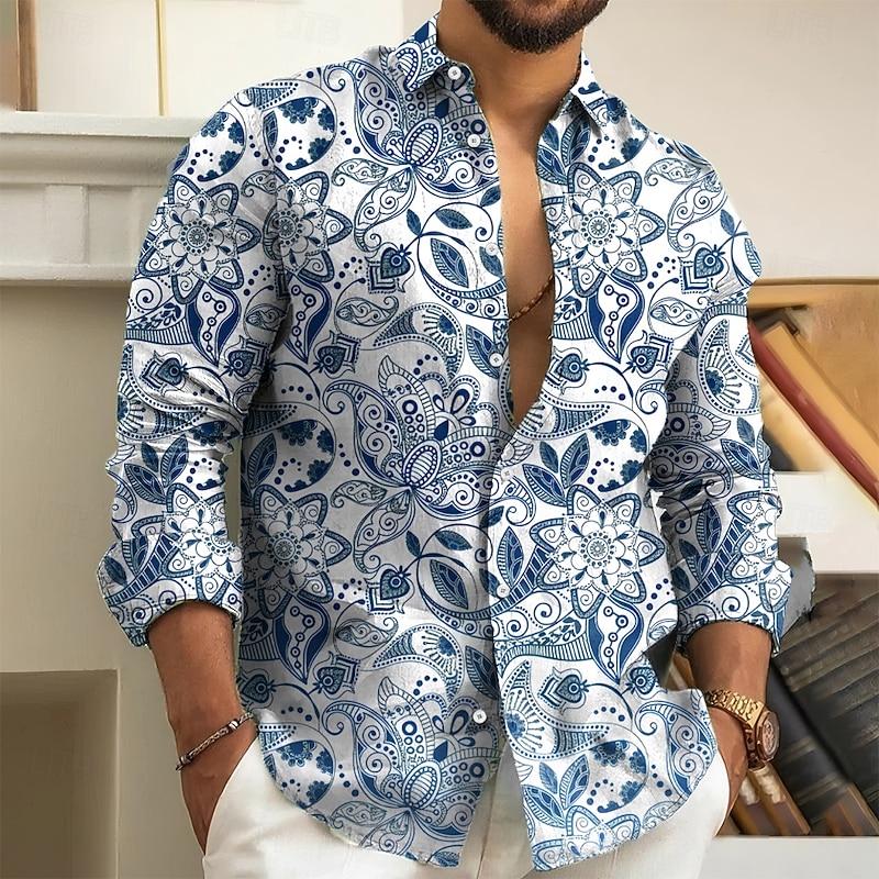 Men's Paisley Floral Print Ethnic Shirt Button Up Shirt Long Sleeve Vintage Retro Holiday Casual Daily Spring Fall Turndown 3D Print Collared Shirts Blue Purple Gold2
