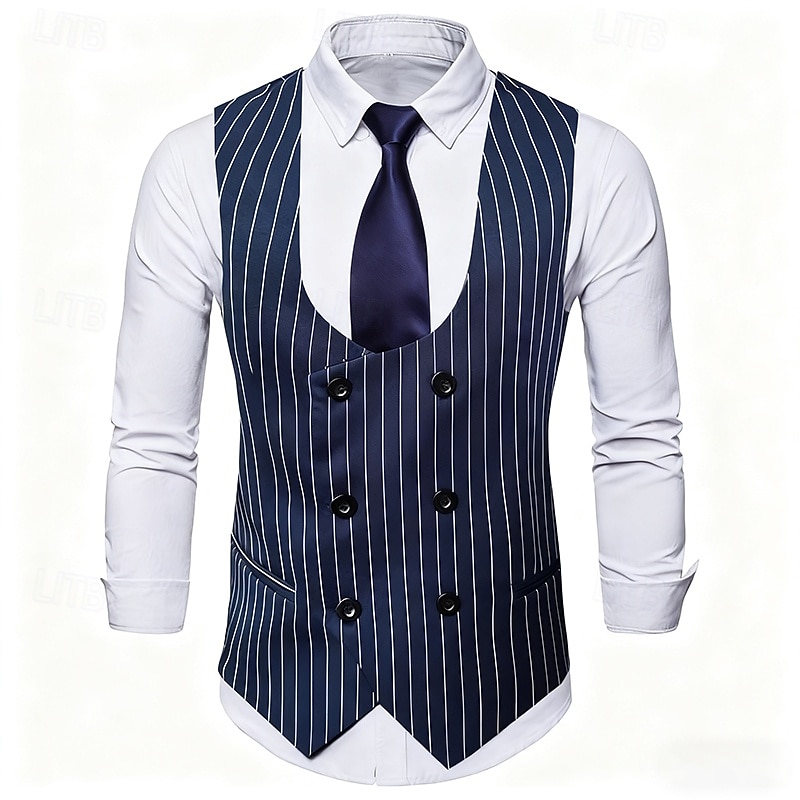 Men's Vest Waistcoat Gilet Vacation Party Business Fashion Casual Spring Fall Pocket Buttons Polyester Comfortable Stripes Double Breasted V Neck Regular Fit Navy Blue Vest