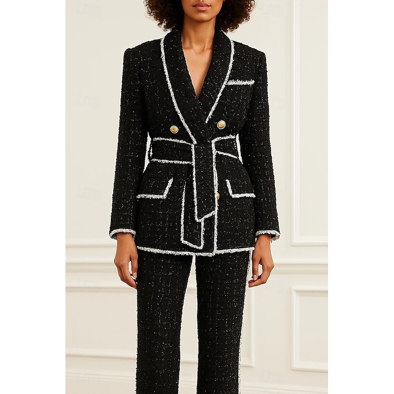 Women's Tweed Blazer Metal Buttons Sport Coat Formal Wedding Guest Tweed Elegant Long Sleeve Shawl Lapel Double Breasted