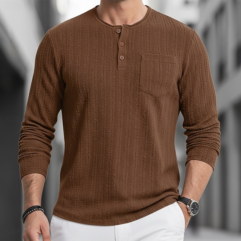 Men's T Shirt Ribbed Knit tee Tee Top Long Sleeve Shirt Long Sleeve Henley Spring Fall Winter Plain Pit Strip Fashion Designer Basic Jacquard Knitting Vacation Street Casual Blue Purple Brown Top Tee