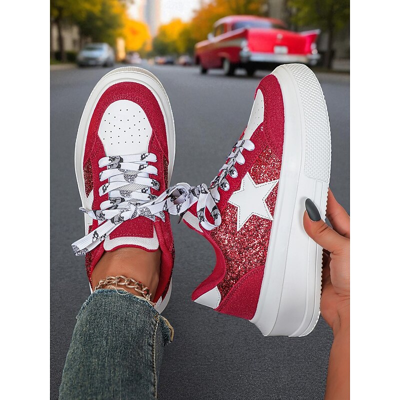 Women's Glitter Star Platform Sneakers - Red and White Chunky Lace-Up Casual Shoes with Sparkly Sequin Detail for Street Style, Travel & Festivals3