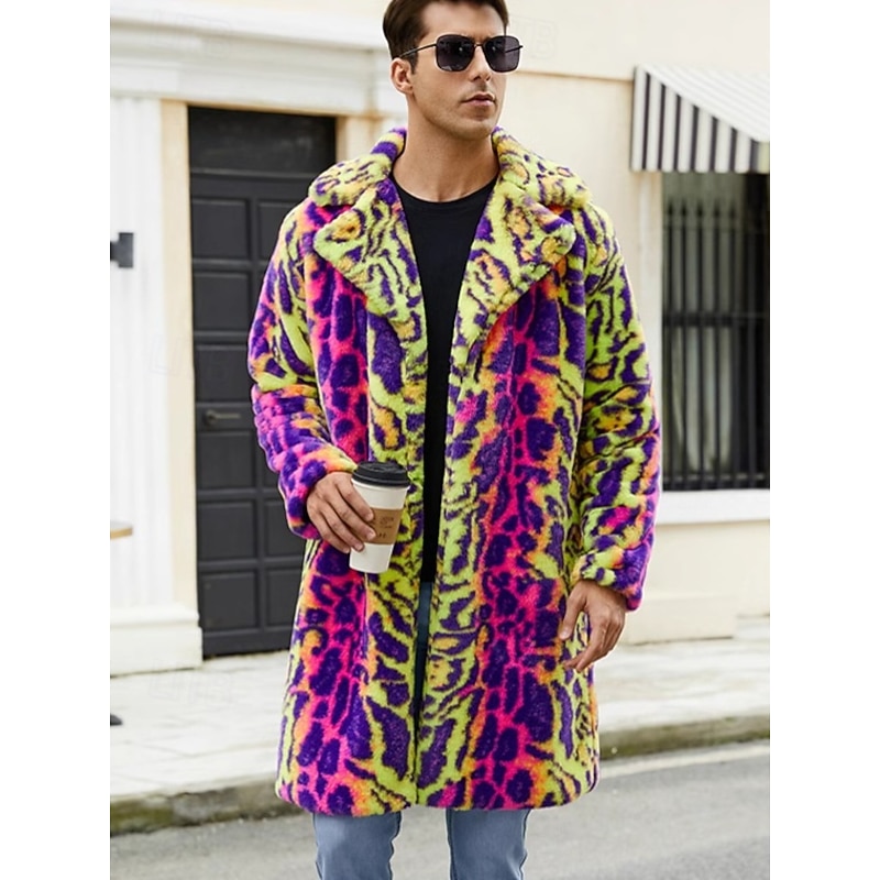 Men's Winter Coat Fur Coat Trench Coat Vacation Casual Winter Polyester Soft Outdoor Outerwear Clothing Apparel Bold Warm Ups Leopard Pocket Lapel3