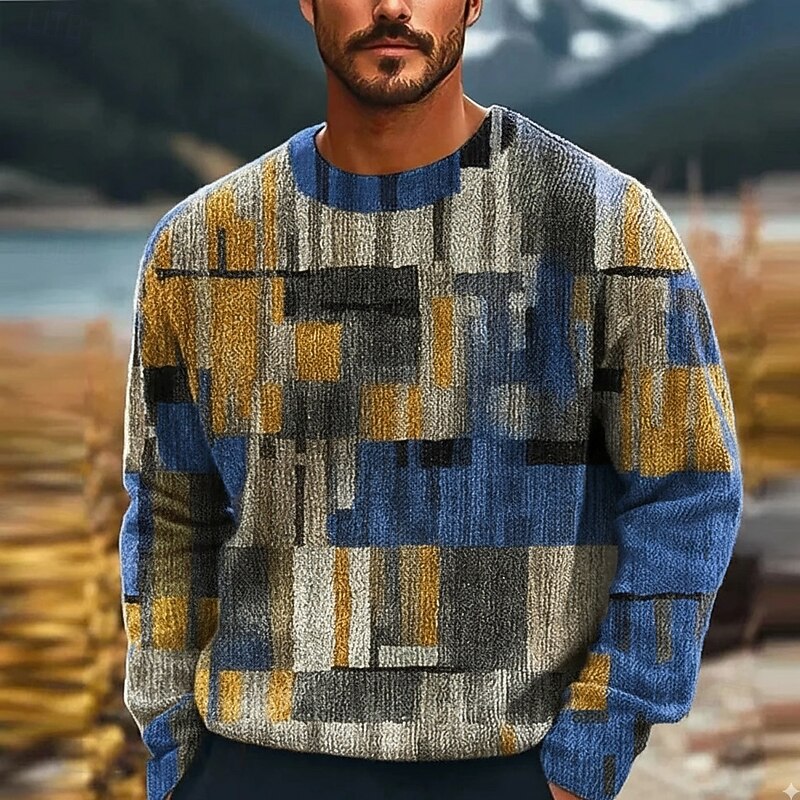 Men's Geometric Color Block Pullover Sweater Jumper Knitwear Crewneck Casual Vacation Home Daily 3D Print Knitting Keep Warm Long Sleeve Spring Fall Winter Blue Brown Green
