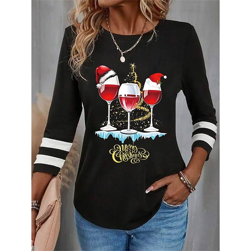 Christmas Women's T Shirt Graphic Letter Wine Glass Vintage Fashion Stylish Long Sleeve Crew Neck Round Neck Regular Tops Daily Weekend Print Black Wine Blue Purple Green Fall Winter