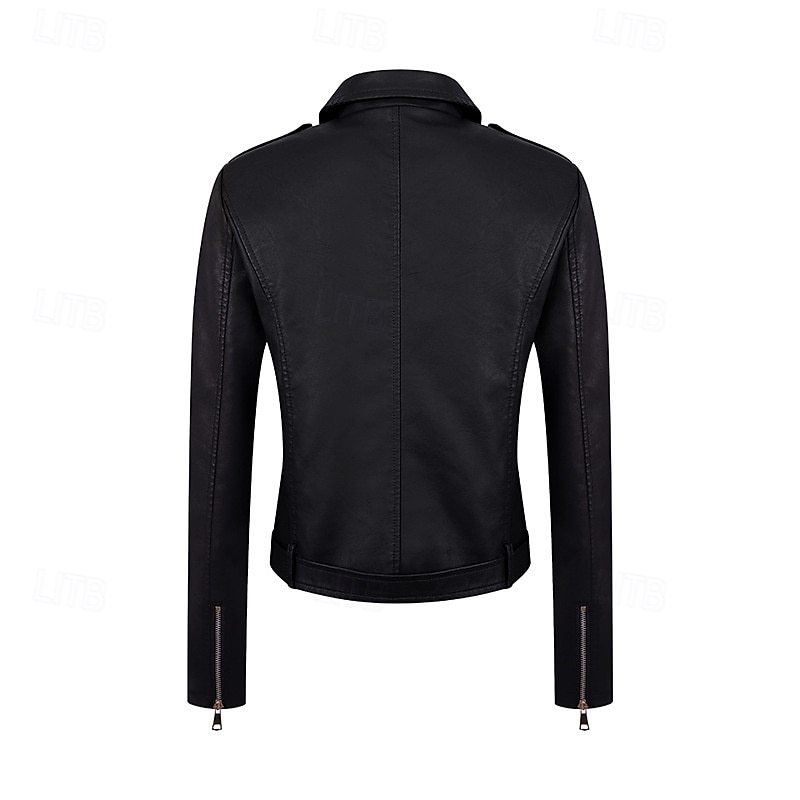 Women's Faux Leather Jacket Warm Comfortable Zipper Pocket Casual Solid Color Vacation Street Casual Daily Wear Regular Turndown Regular Fit Long Sleeve Outerwear Black Wine Chocolate Fall Winter3