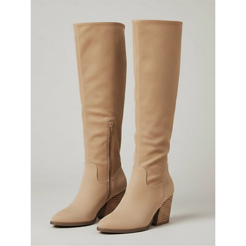 Women's Suede Knee-High Cowboy Boots – Western Style Pointed Toe Slouch Boots with Chunky Heel for Fall and Winter Fashion3