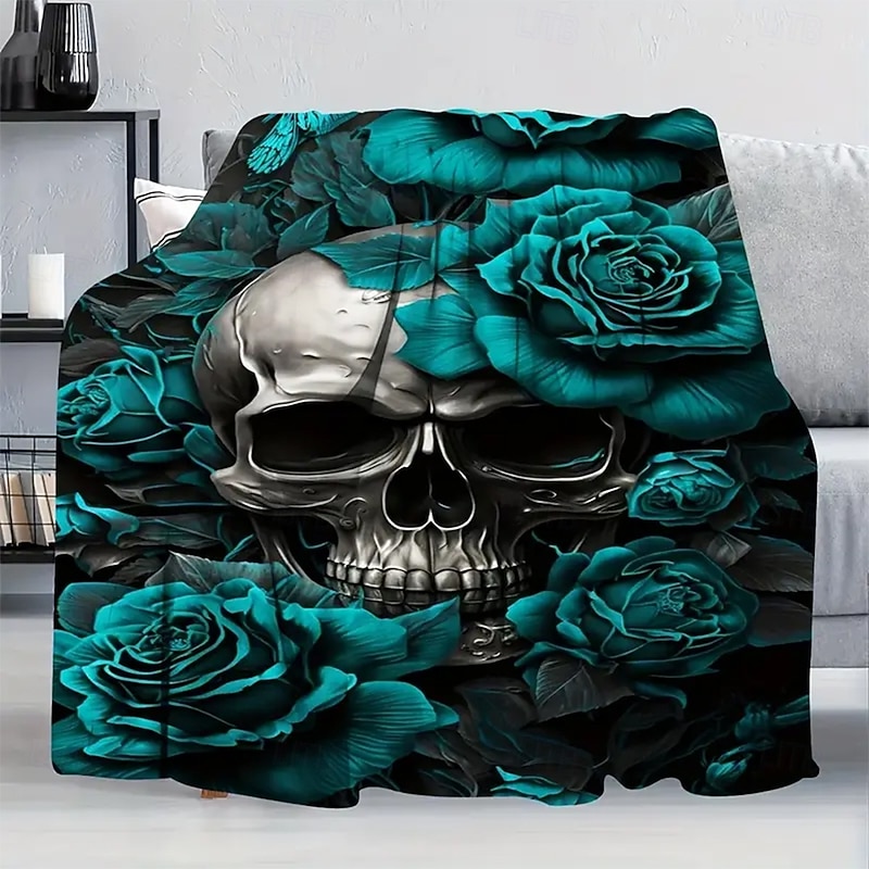 Halloween Fleece Throw Blanket for Couch Skeleton Rose 3D Dark Punk Gothic Style Party Sofa Bed Decorative Warm Blanket Home Decor3