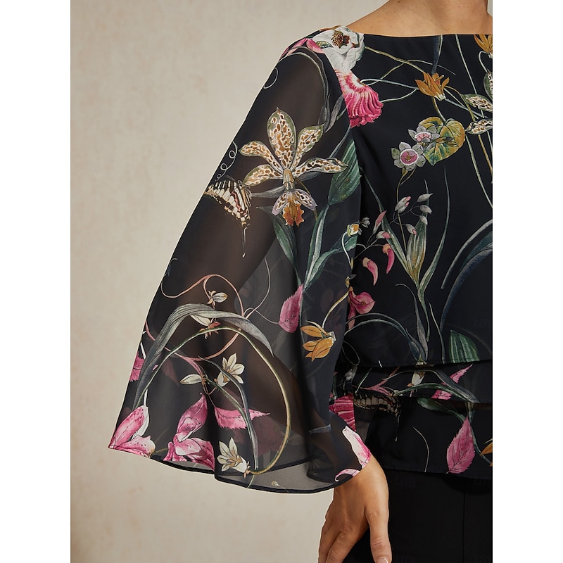 Women's Blouse Black Floral 3/4 Sleeve Loose Round Neck Casual Elegant Vacation Spring Summer Fall4