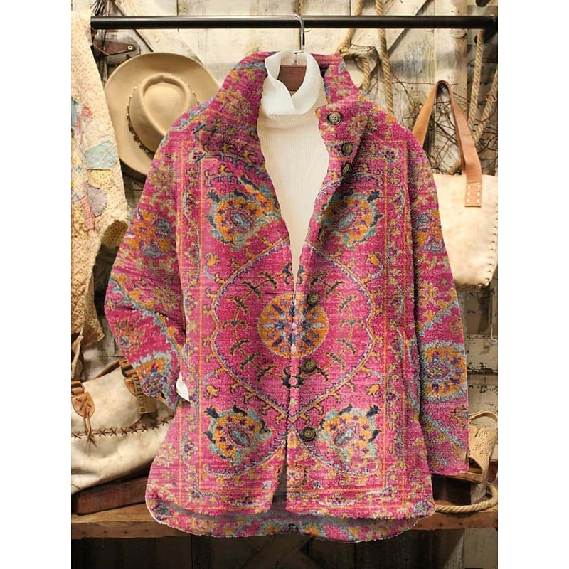 Women's Fleece Jacket Casual Jacket Comfortable Breathable Pocket Print Casual Floral Vacation Street Casual Daily Wear Zipper Regular Turndown Regular Fit Long Sleeve Outerwear Pink Fuchsia Khaki4