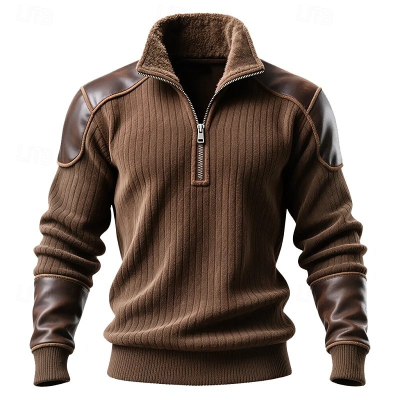 Men's Sweatshirt Pullover Quarter Zip Sweatshirt Ribbed Knit Brown Standing Collar Plain Patchwork Textured Sports & Outdoor Casual Daily Streetwear Cool Sportswear Winter Spring &  Fall Clothing