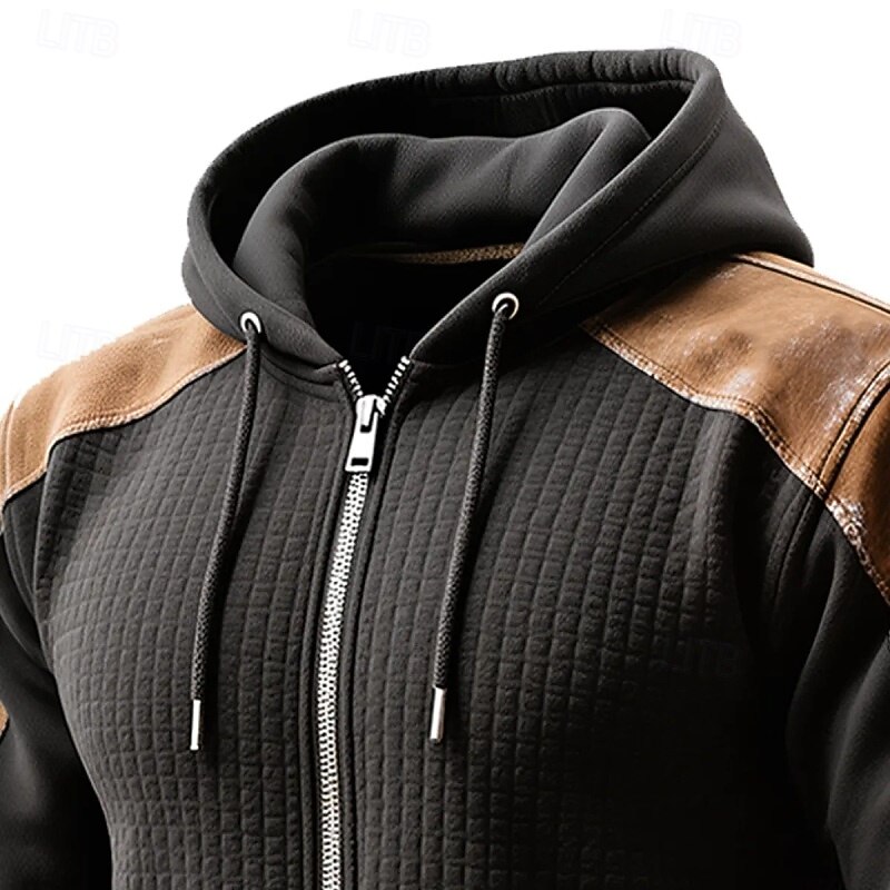 Men's Hoodie Full Zip Hoodie Waffle Hoodies Black Hooded Plain Patchwork Color Block Sports & Outdoor Casual Daily Streetwear Cool Sportswear Winter Spring &  Fall Clothing Apparel Hoodies3