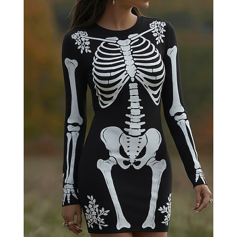 Women's Mini Dress Sweater Dress Casual Dress Boho Dress Fashion Classic Modern Outdoor Halloween Daily Regular Fit Graphic Skull Long Sleeve Crew Neck Black Spring Fall