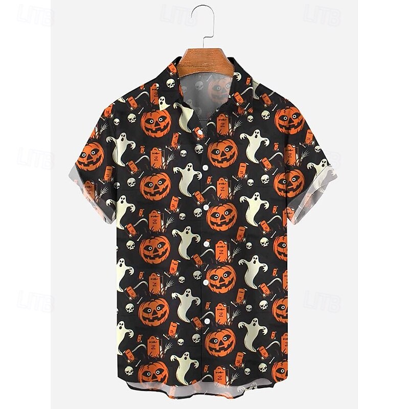 Halloween Men's Grimace Skulls Shirt Summer Shirt Casual Shirt Short Sleeves Horror Vacation Daily Wear Theme Party Spring & Summer Lapel Print White+Black Black 1 Black 3 Black Beige3