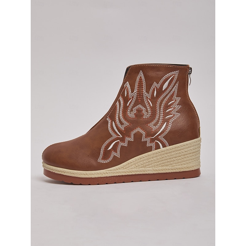 Women's Brown Wedge Ankle Boots – Faux Leather Embroidered Platform Booties for Casual Wear and Boho Outfits3