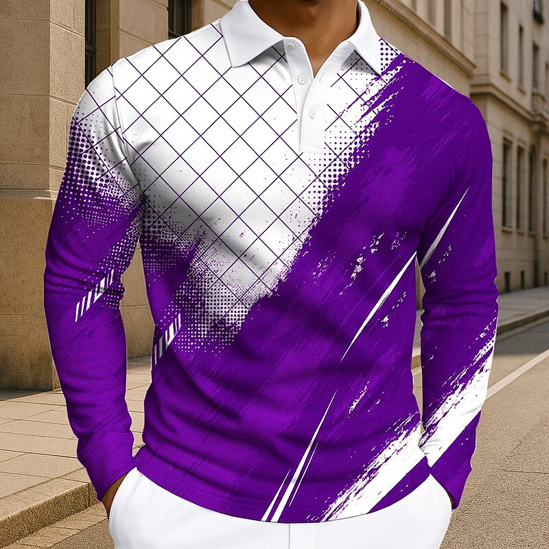 Men's Geometic Line Polo Long Sleeve Polo Shirts Lapel Business Casual Athleisure Daily Wear 3D Print Buttons Spring Fall Winter Blue Purple Green4
