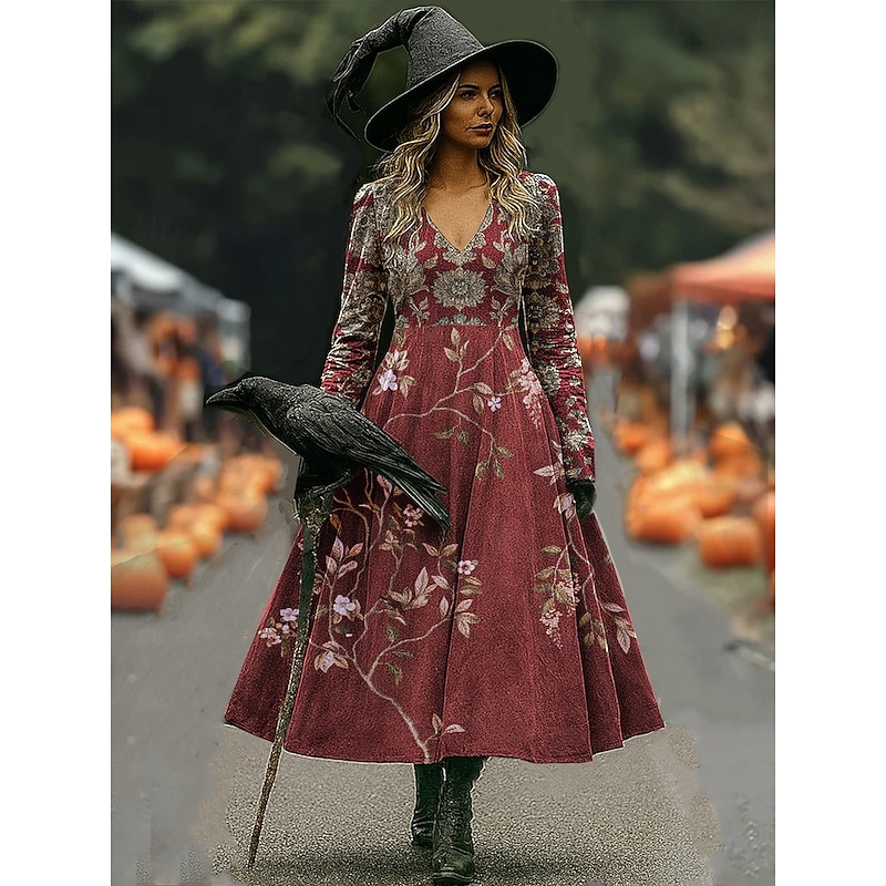 Halloween Women's Witch Print Maxi Dress A Line Dress Vacation Casual Boho Beach Regular Fit Floral Graphic Long Sleeve V Neck Deep Purple Black Pink Wine Spring Fall2