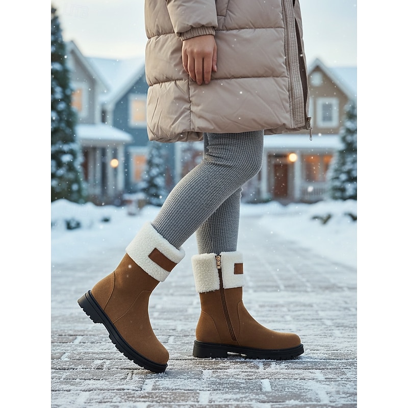 Women's Brown Suede Winter Boots with Faux Shearling Cuffs and Side Zipper, Stylish Urban Footwear for Cold Weather Fashion - Main Image
