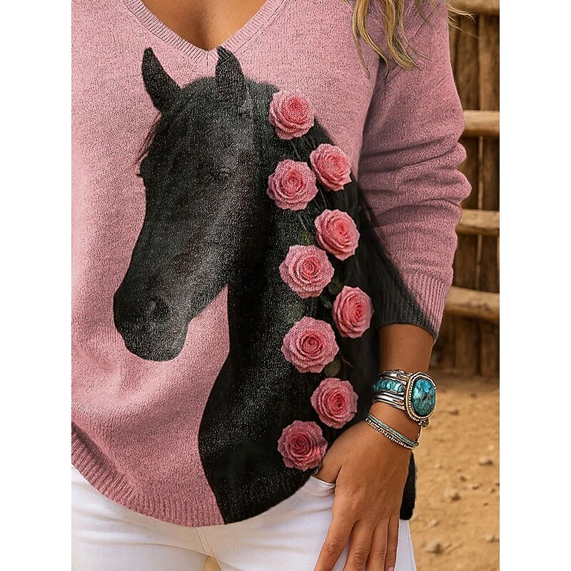 Women's Sweater Pullover Fashion Streetwear Casual Graphic Animal V Neck Oversized Knitted Long Sleeve Regular Tops Knit Outdoor Daily Pink Spring Fall3