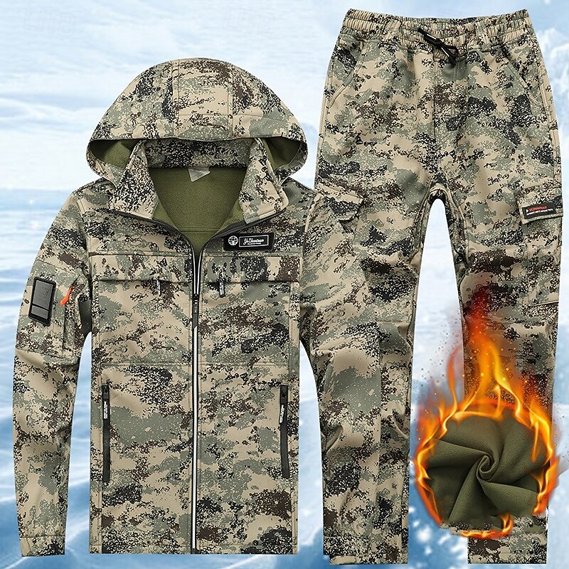 Men's Hiking Jacket Fleece Jacket Puffer Jacket Thermal Set Winter Outdoor Camo Thermal Warm Waterproof Windproof Top Black Green Khaki