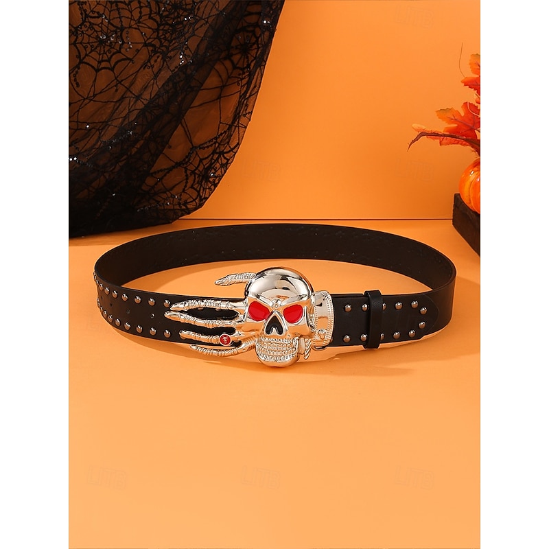 Women's Halloween Skull Buckle Faux Leather Belt, Gothic Punk Style Wide Waist Belt for Costume Parties, Cosplay and Festivals3