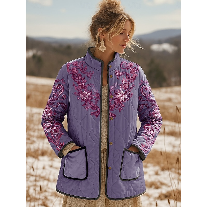 Women's Winter Jacket Quilted Jacket Warm Lightweight Print Active Vintage Cute Artistic Floral Casual Regular Stand Collar Regular Fit Long Sleeve Outerwear Blue Purple Green Fall Winter2