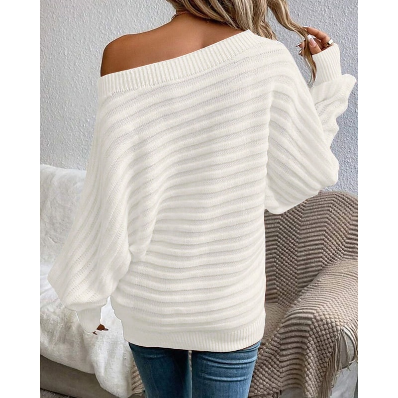 Women's Sweater Pullover Streetwear Casual Solid Color Off Shoulder Knitted Long Sleeve Regular Tops Knit Holiday Going out Weekend White Pink Fall Winter4
