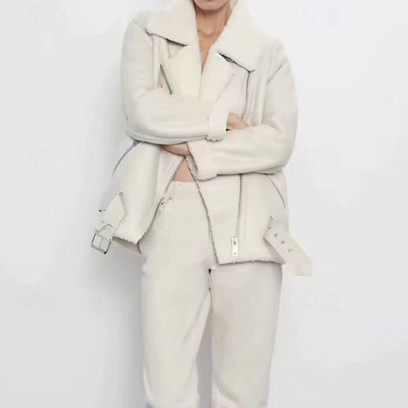 Women's Winter Coat Fleece Jacket Warm Comfortable Zipper Pocket Casual Plain Daily Wear Going out Weekend Regular Turndown Regular Fit Long Sleeve Outerwear Black White Wine Fall Winter2