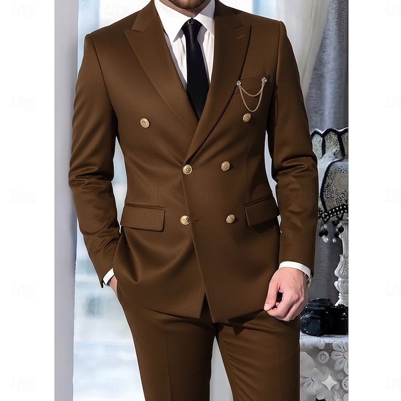 Men's Wedding Party Business Suits Peaked Lapel Black Brown Formal Solid Colored Tailored Fit 2 Piece Double Breasted Six-buttons2