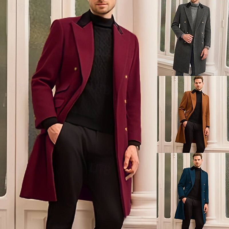 Men Overcoat Peacoat Long Trench Coat Trench Coat Casual Fall Winter Polyester Outerwear Clothing Apparel Classic Notch lapel collar