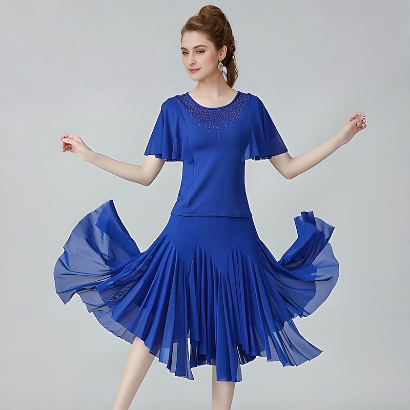 Latin Dance Skirts Cascading Ruffles Ruching Split Joint Women's Performance Training Short Sleeve Natural Polyester