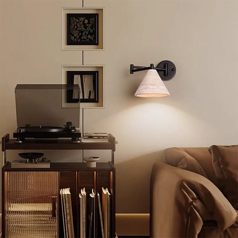 Black Swing Arm Wall Lamp, Vintage Yellow Travertine Light Fixtures, Natural Stone Lampshade Sconce, for Study/Living Room/Bedroom Lighting2