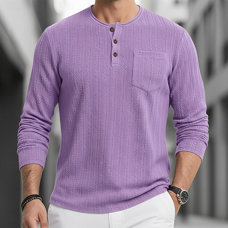Men's T Shirt Ribbed Knit tee Tee Top Long Sleeve Shirt Long Sleeve Henley Spring Fall Winter Plain Pit Strip Fashion Designer Basic Jacquard Knitting Vacation Street Casual Blue Purple Brown Top Tee4
