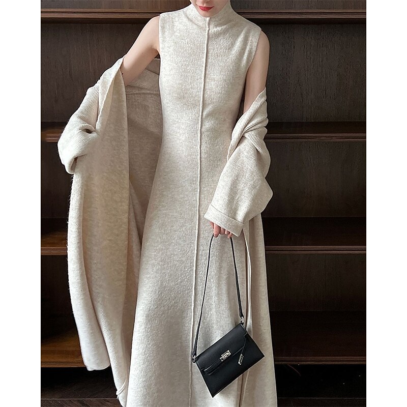 Women's Long Dress Maxi Dress Knit Dress Casual Dress Dress Set Elegant Fashion Modern Outdoor Daily Going out Regular Fit Plain Long Sleeve Stand Collar Beige Winter Autumn4